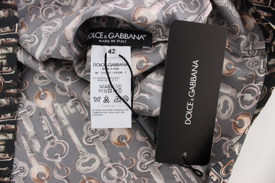 Dolce & Gabbana Gray Gold Key Print Silk Blouse T-shirt - PreLoved & Luxe
