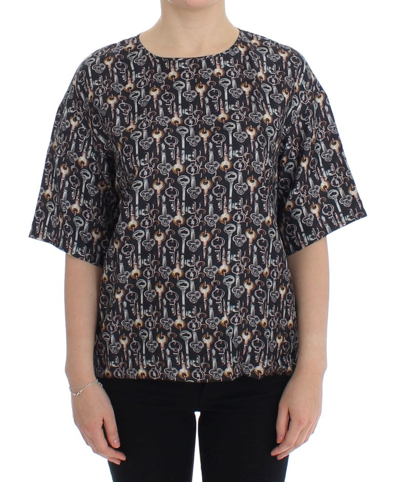 Dolce & Gabbana Gray Gold Key Print Silk Blouse T-shirt - PreLoved & Luxe