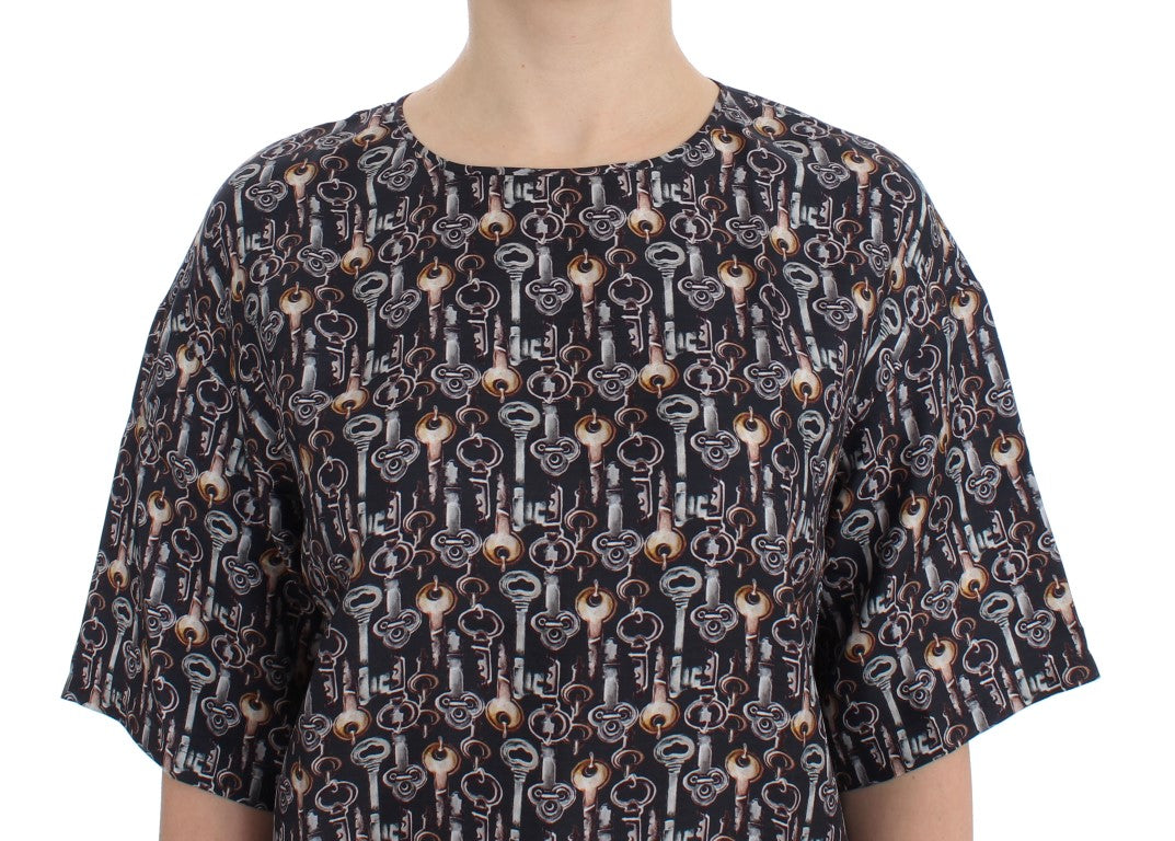 Dolce & Gabbana Gray Gold Key Print Silk Blouse T-shirt - PreLoved & Luxe