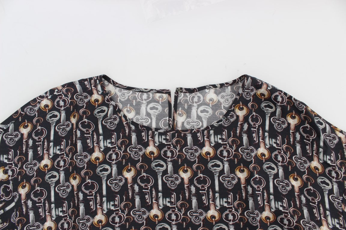 Dolce & Gabbana Gray Gold Key Print Silk Blouse T-shirt - PreLoved & Luxe
