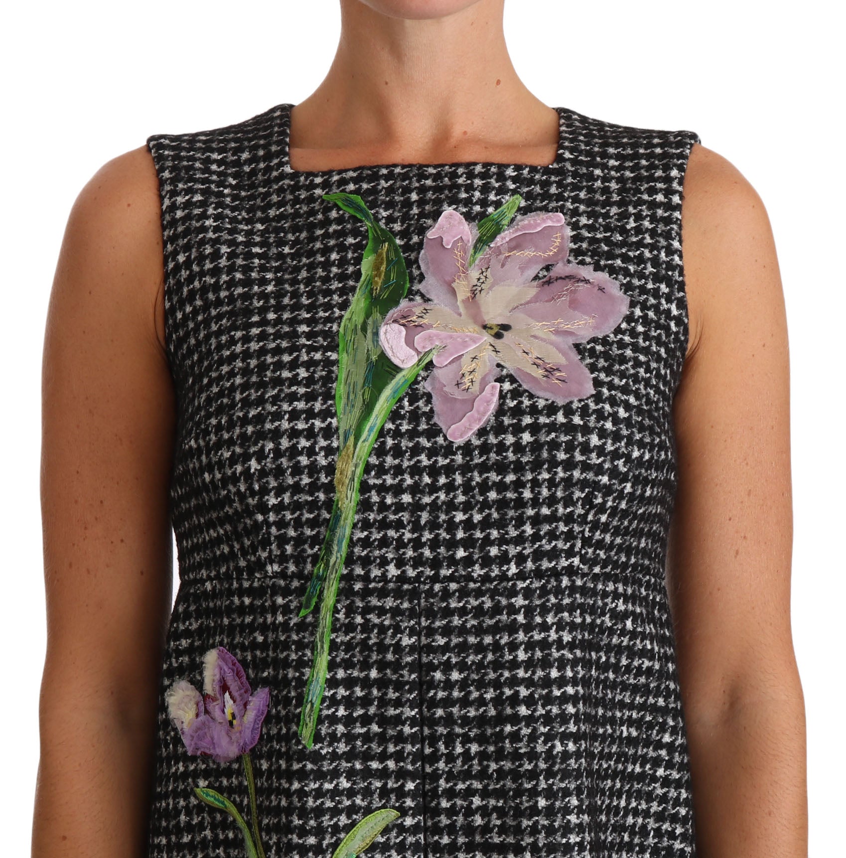 Dolce & Gabbana Gray Houndstooth Floral Appliqué Shift Mini Dress - PreLoved & Luxe