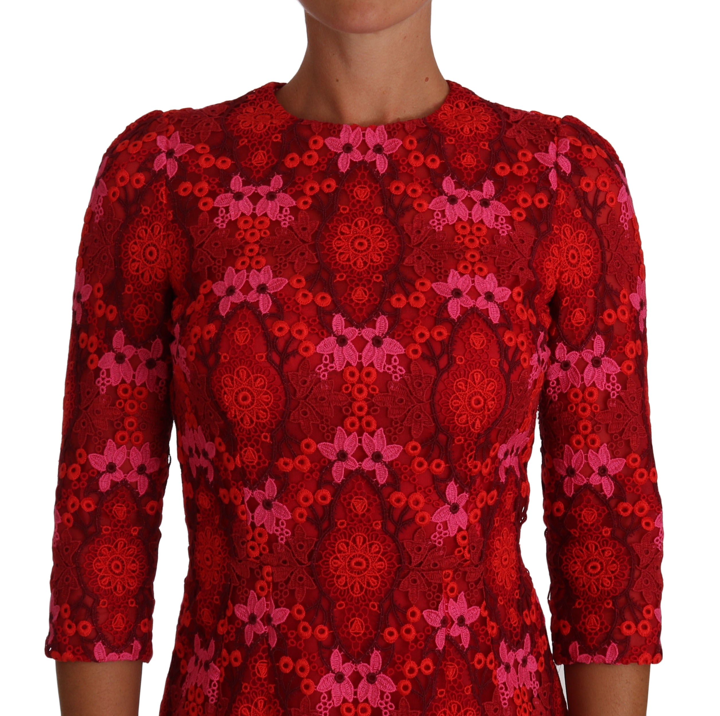 Dolce & Gabbana Floral Crochet Lace Red Pink Sheath Dress - PreLoved & Luxe