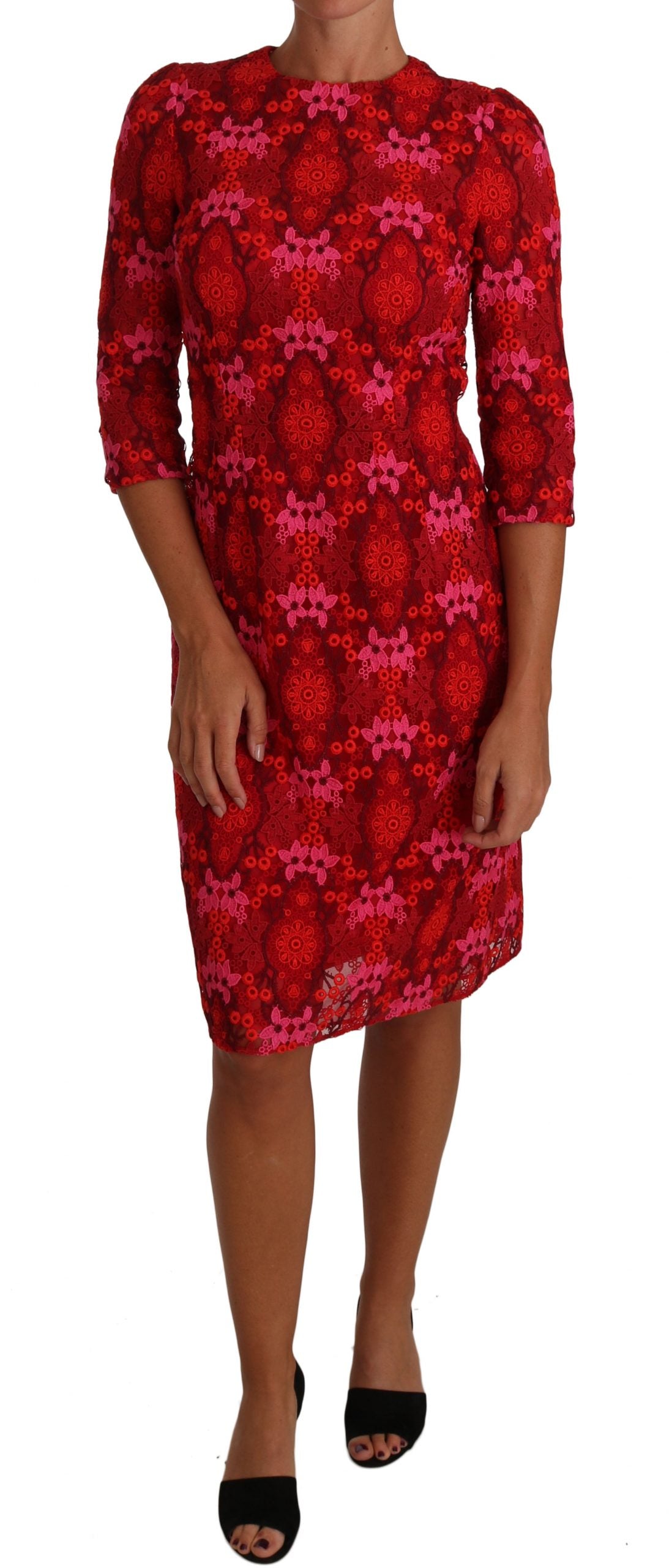 Dolce & Gabbana Floral Crochet Lace Red Pink Sheath Dress - PreLoved & Luxe
