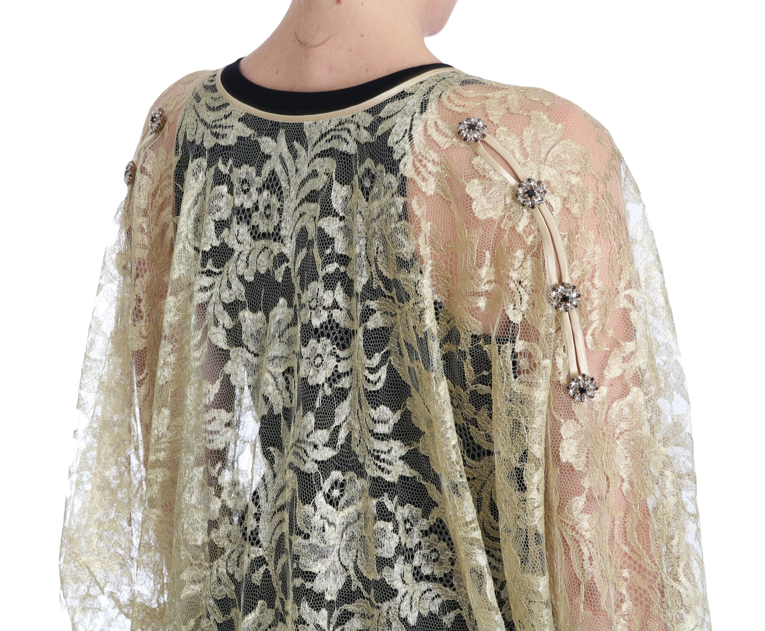 Dolce & Gabbana Gold Floral Lace Crystal Gown Cape Dress - PreLoved & Luxe