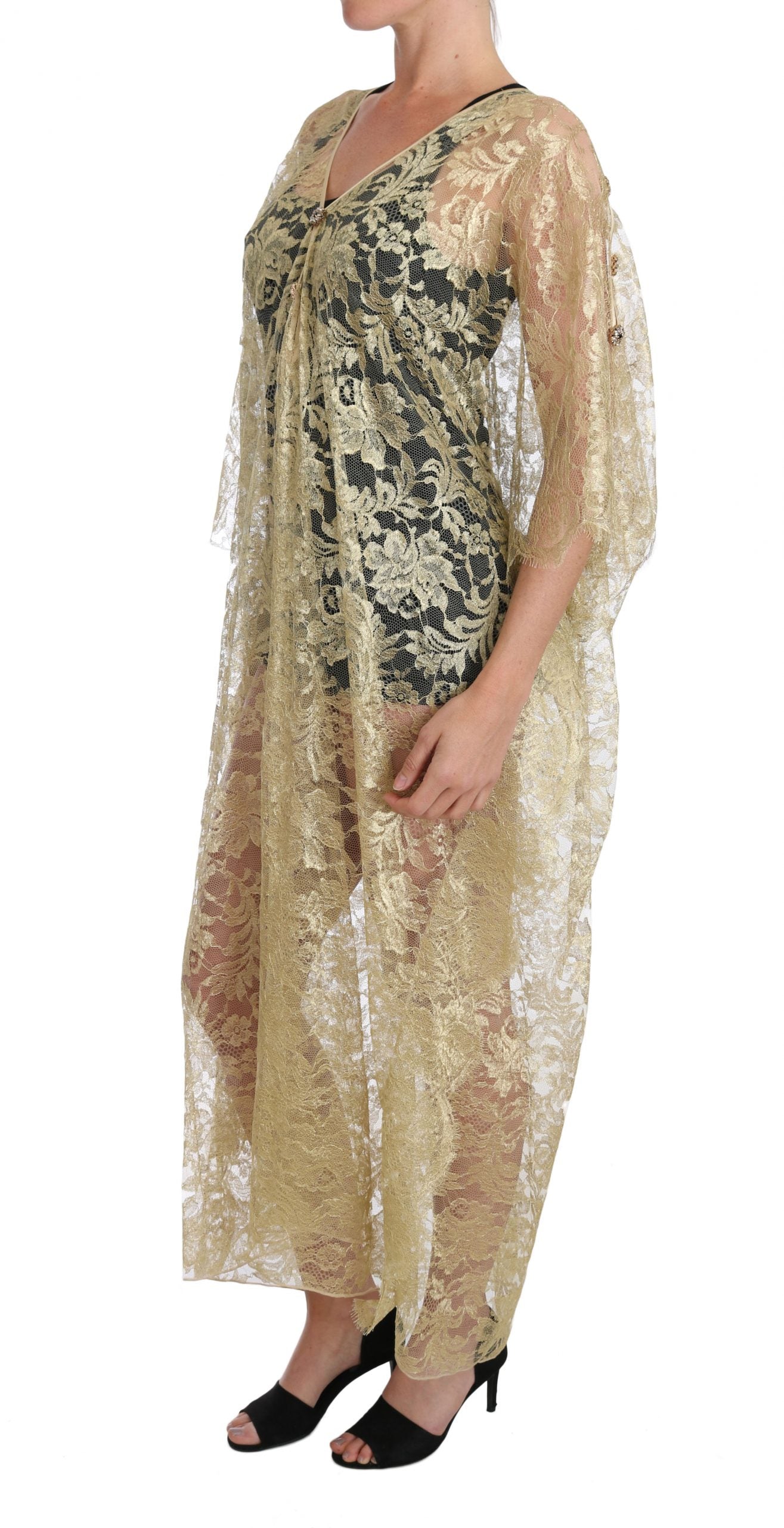 Dolce & Gabbana Gold Floral Lace Crystal Gown Cape Dress - PreLoved & Luxe