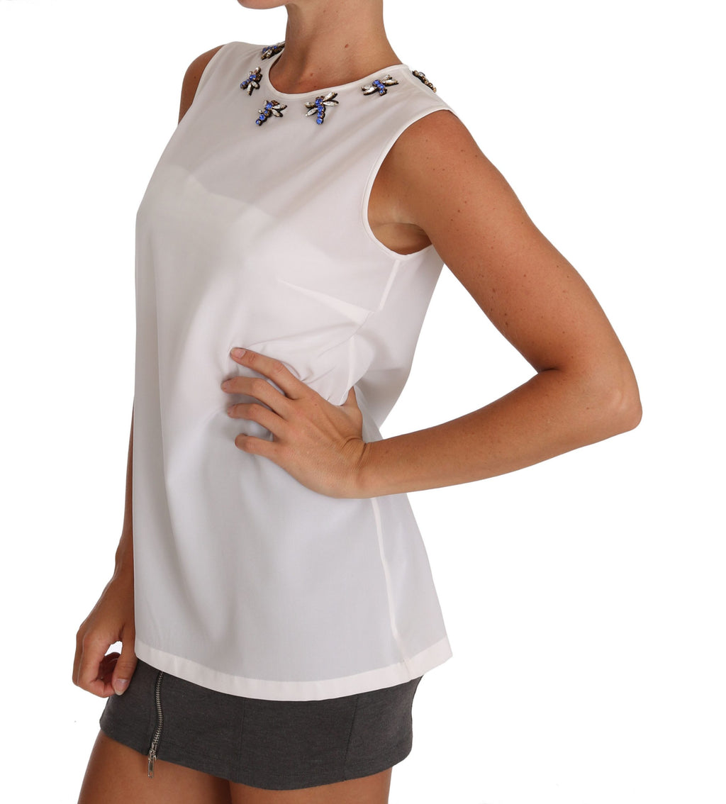 Dolce & Gabbana White Silk Crystal Embellished Fly T-shirt - PreLoved & Luxe