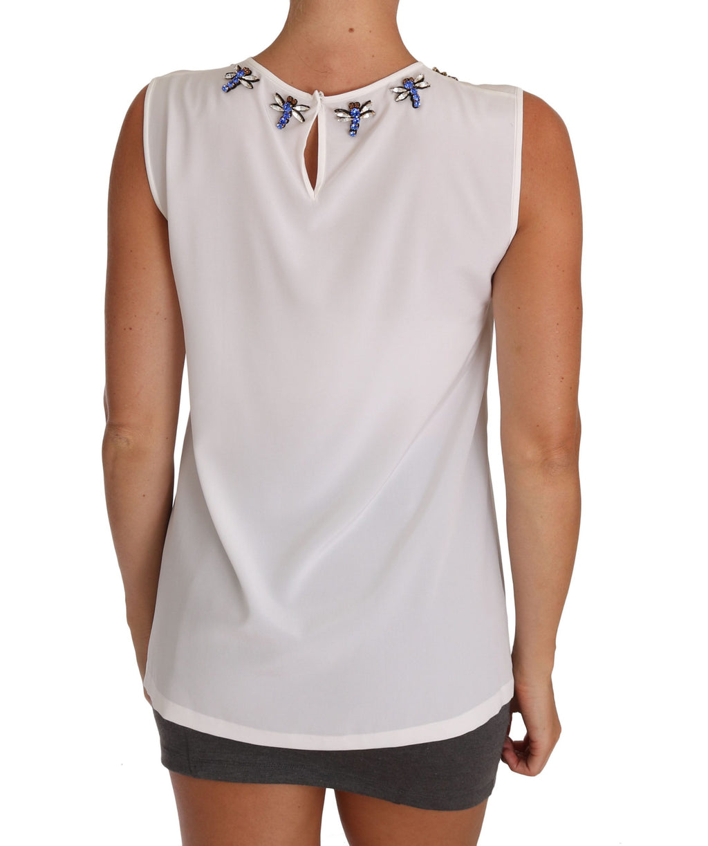 Dolce & Gabbana White Silk Crystal Embellished Fly T-shirt - PreLoved & Luxe