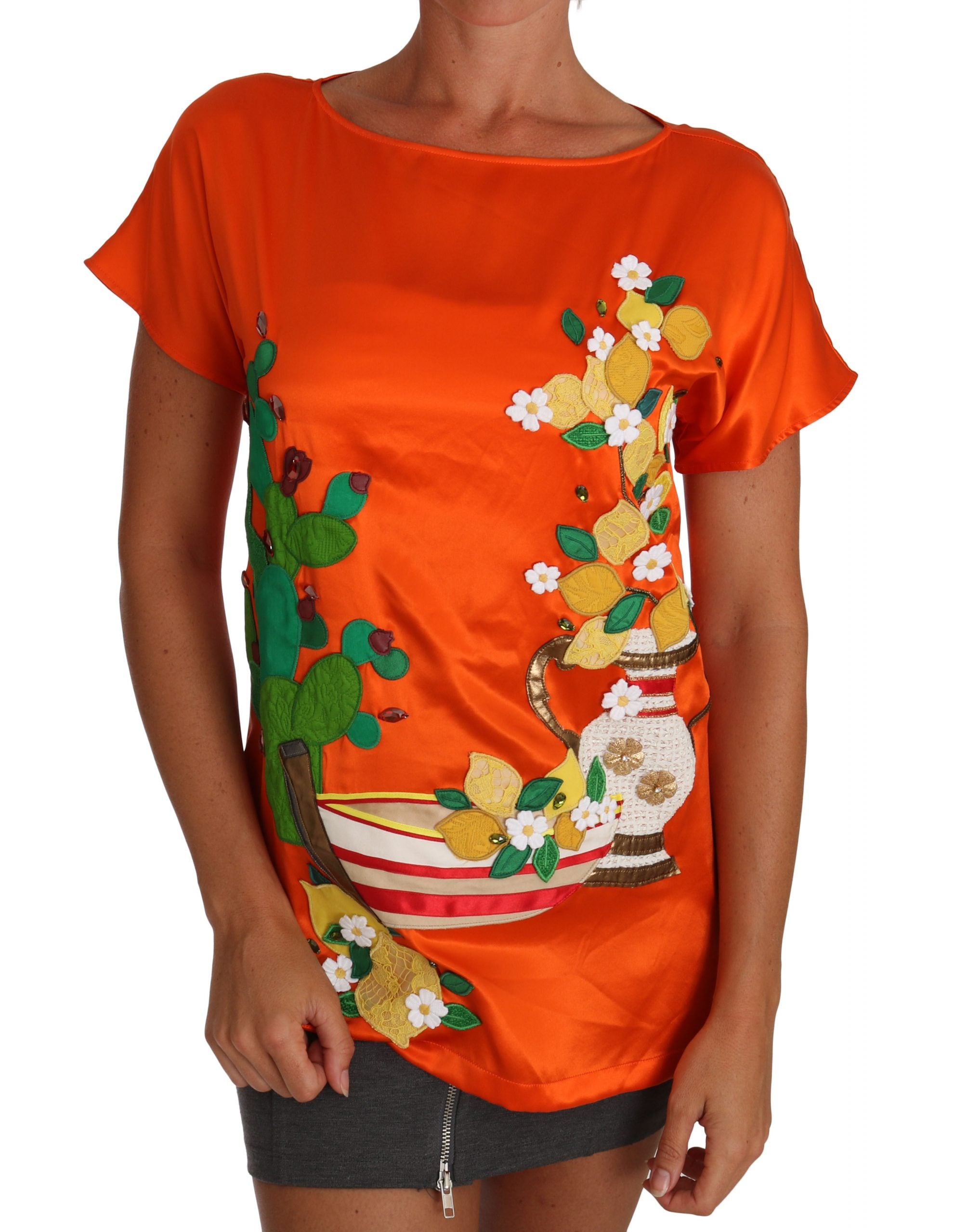 Dolce & Gabbana Silk Orange Lemon Crystal T-shirt Top - PreLoved & Luxe