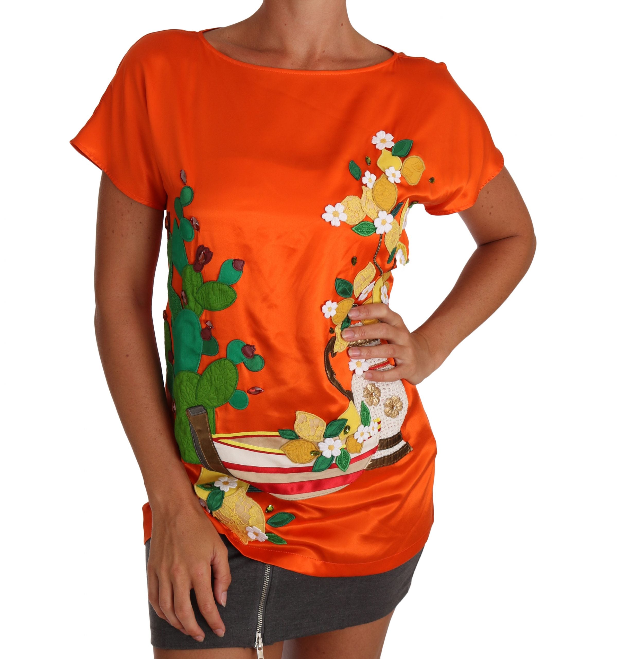 Dolce & Gabbana Silk Orange Lemon Crystal T-shirt Top - PreLoved & Luxe
