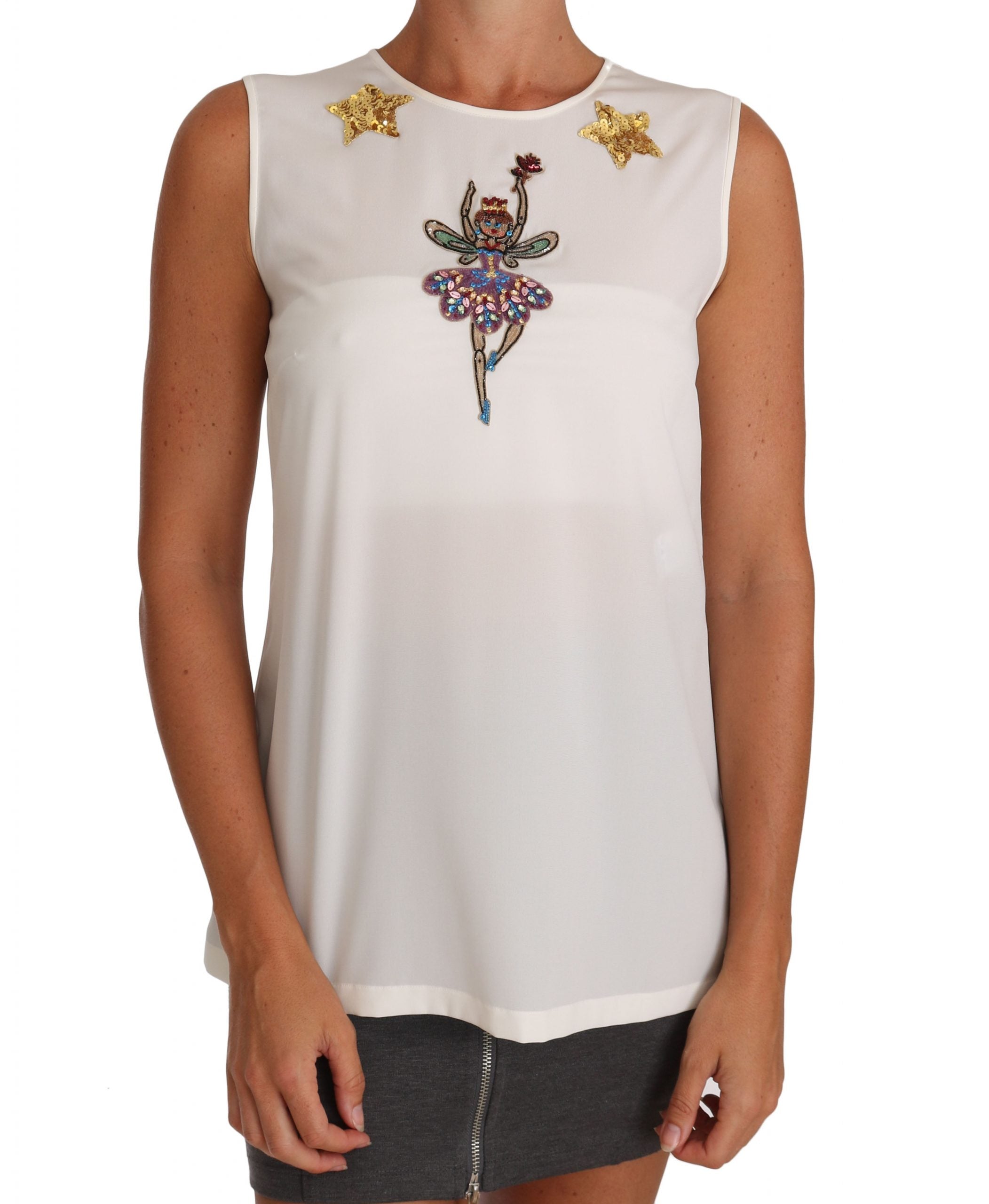 Dolce & Gabbana White Silk Embellished Crystal Sequin Fairy Top - PreLoved & Luxe