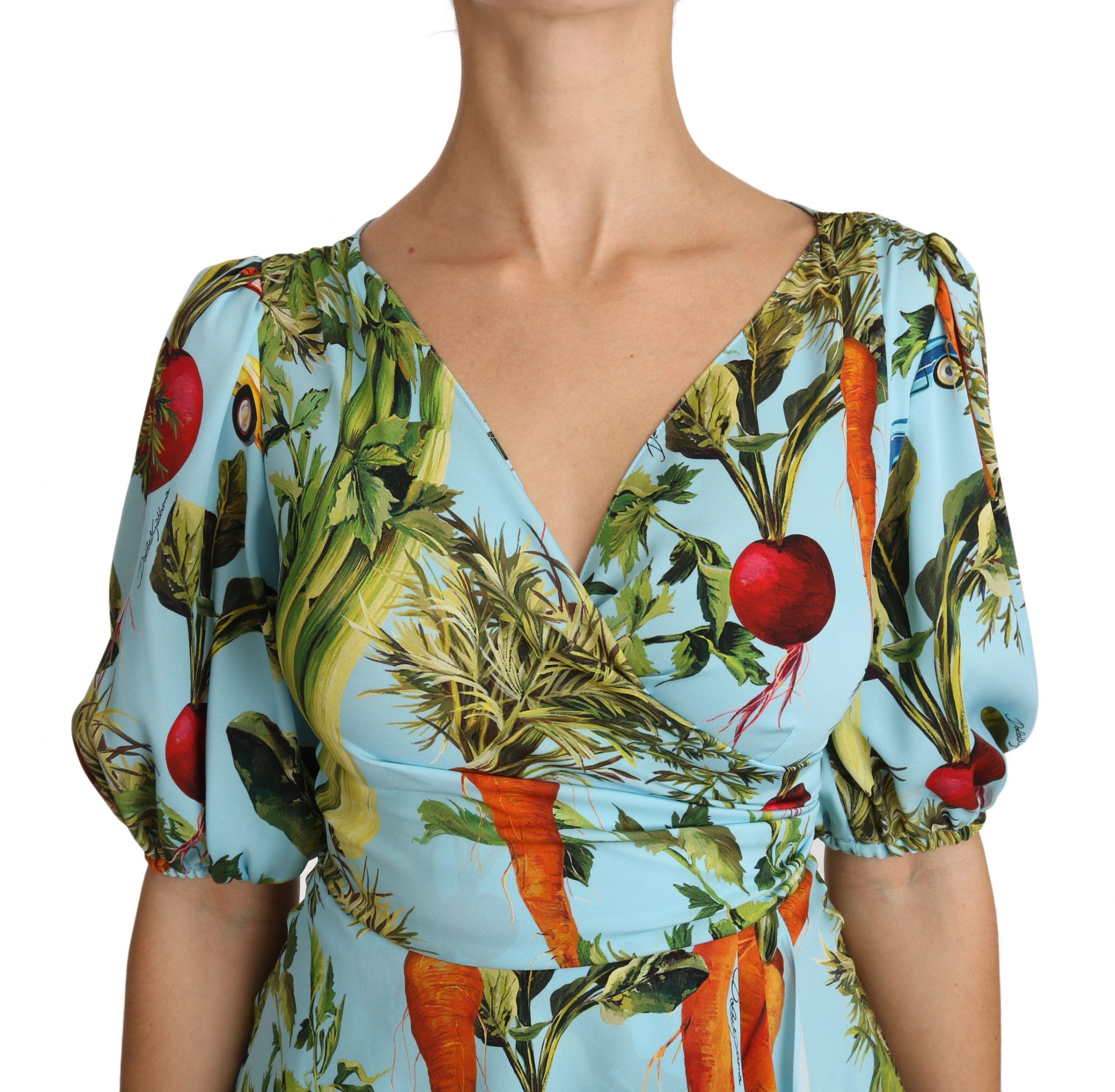 Dolce & Gabbana Multicolor Vegetable Print Silk Top Peplum Wrap Blouse - PreLoved & Luxe