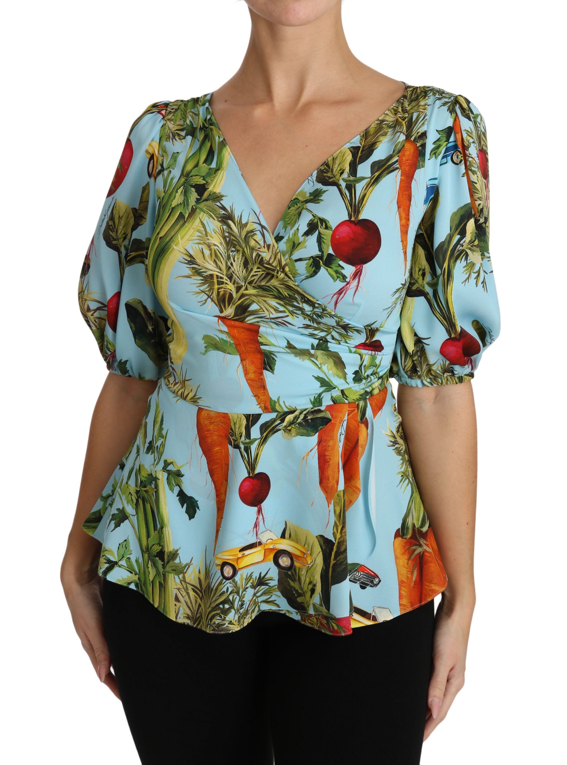 Dolce & Gabbana Multicolor Vegetable Print Silk Top Peplum Wrap Blouse - PreLoved & Luxe