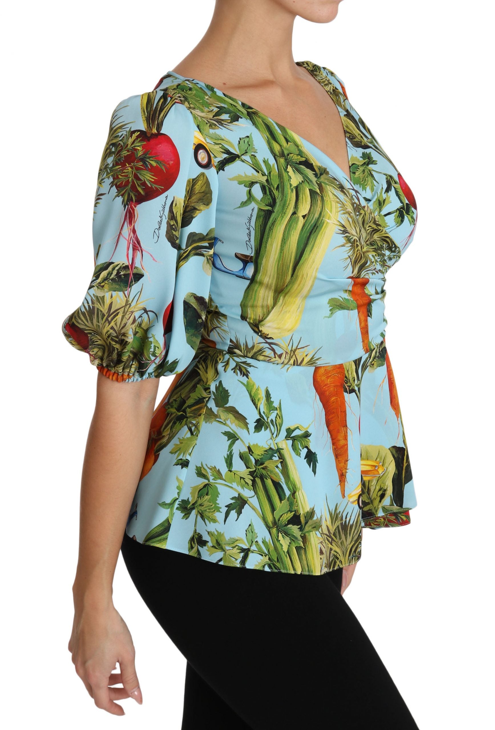 Dolce & Gabbana Multicolor Vegetable Print Silk Top Peplum Wrap Blouse - PreLoved & Luxe