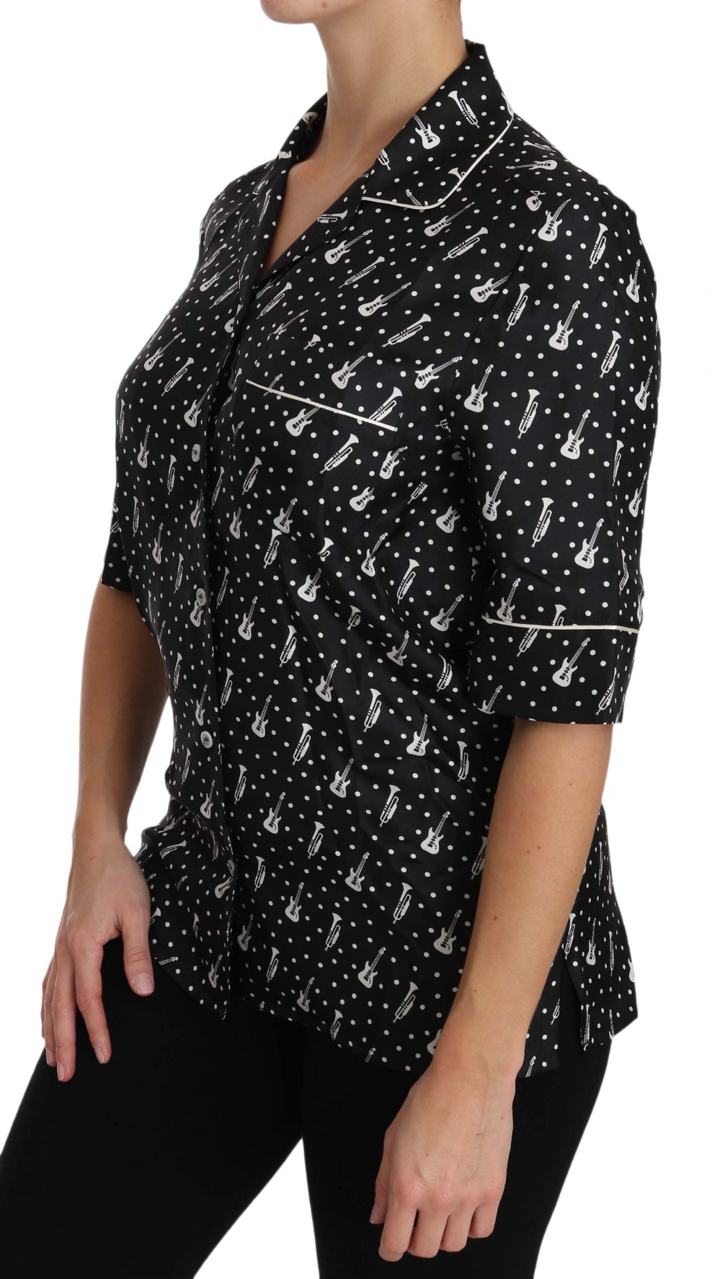 Dolce & Gabbana Black GuitarTrumpet Print Silk Shirt Top - PreLoved & Luxe