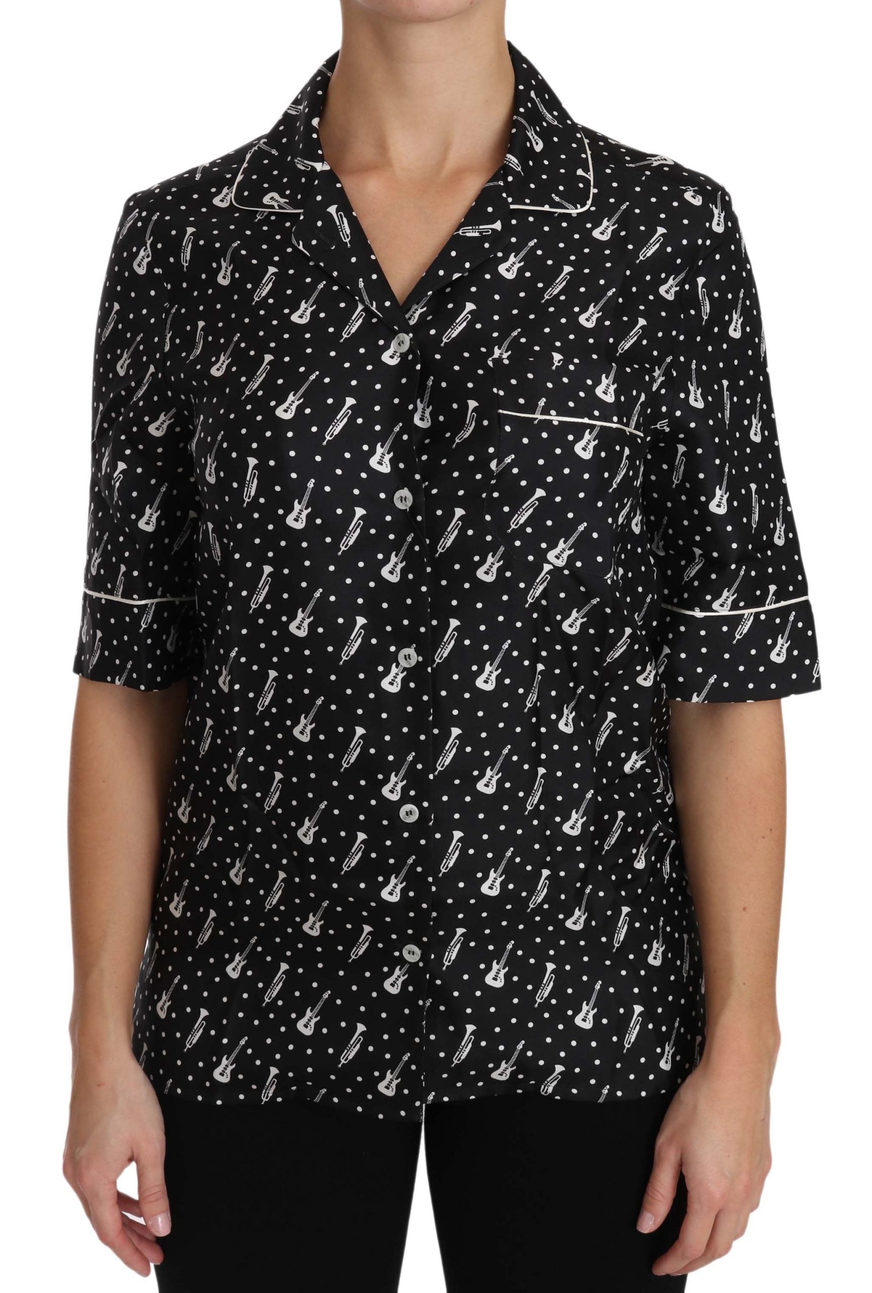 Dolce & Gabbana Black GuitarTrumpet Print Silk Shirt Top - PreLoved & Luxe