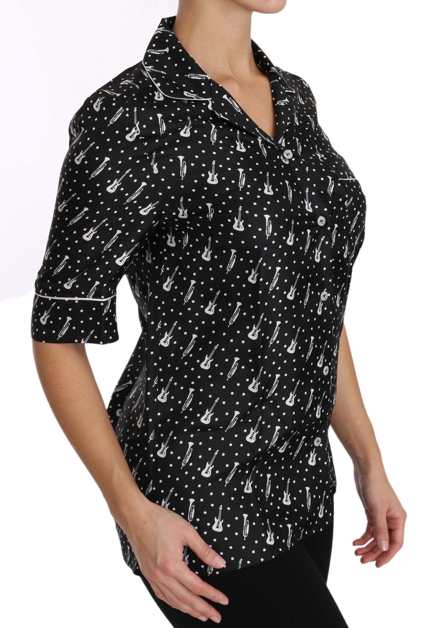 Dolce & Gabbana Black GuitarTrumpet Print Silk Shirt Top - PreLoved & Luxe