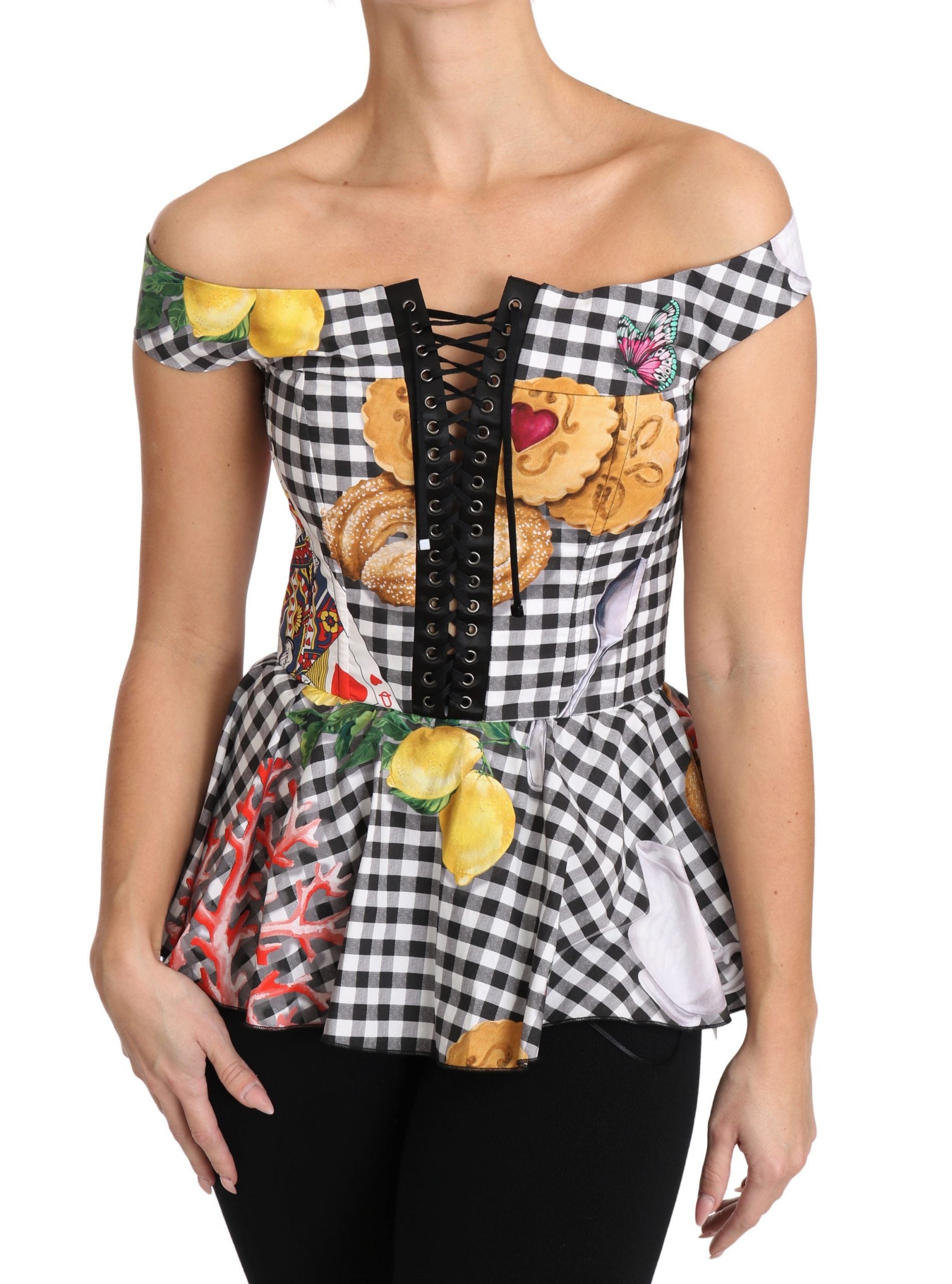 Dolce & Gabbana Black and White Corset Blouse Sicily Lemon Check Top - PreLoved & Luxe