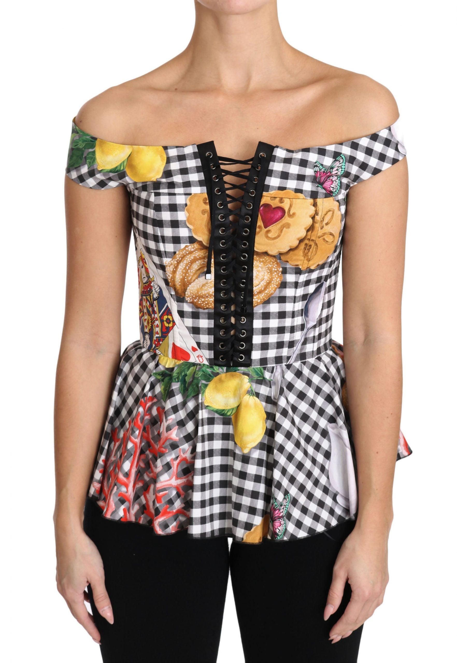 Dolce & Gabbana Black and White Corset Blouse Sicily Lemon Check Top - PreLoved & Luxe