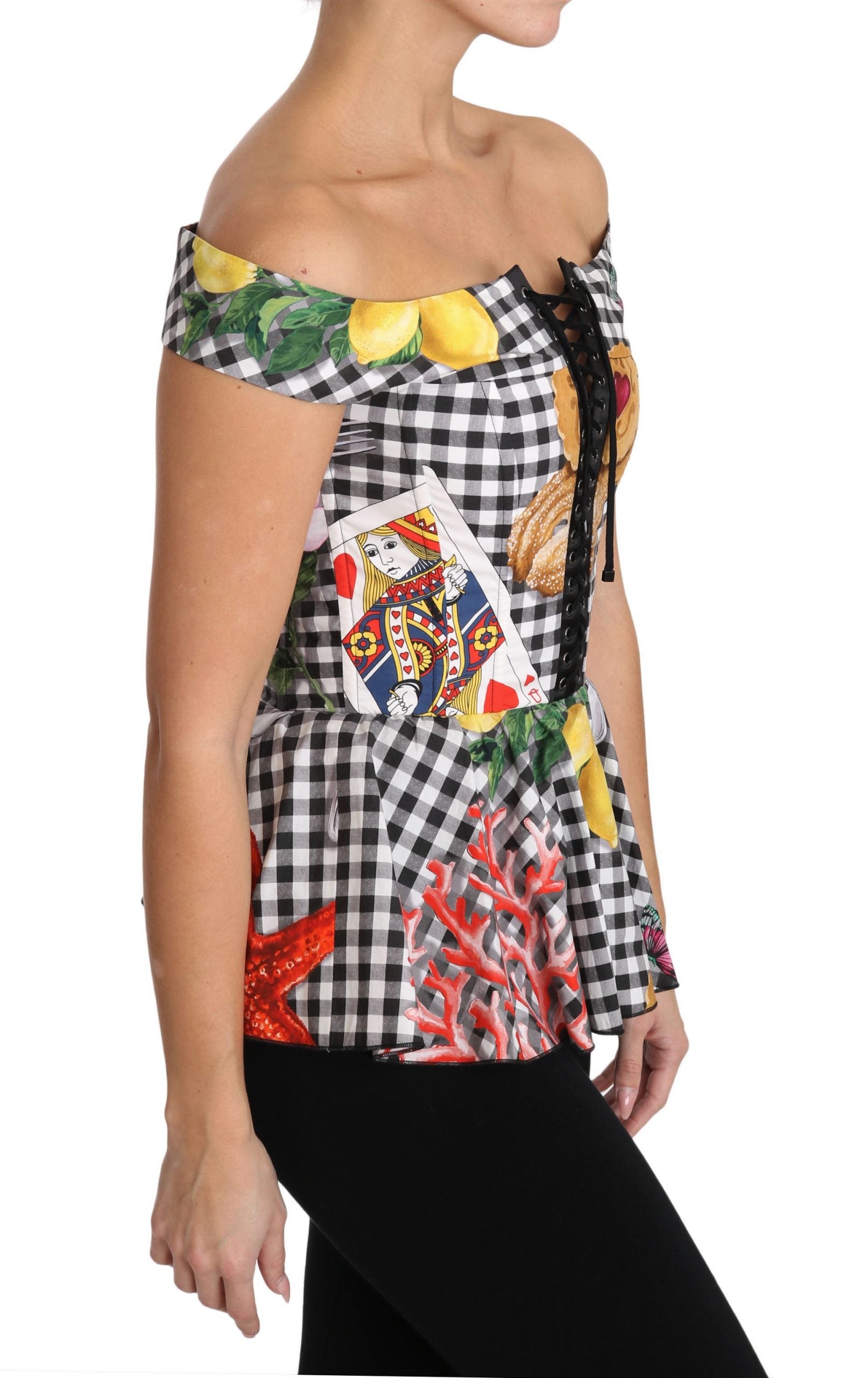 Dolce & Gabbana Black and White Corset Blouse Sicily Lemon Check Top - PreLoved & Luxe