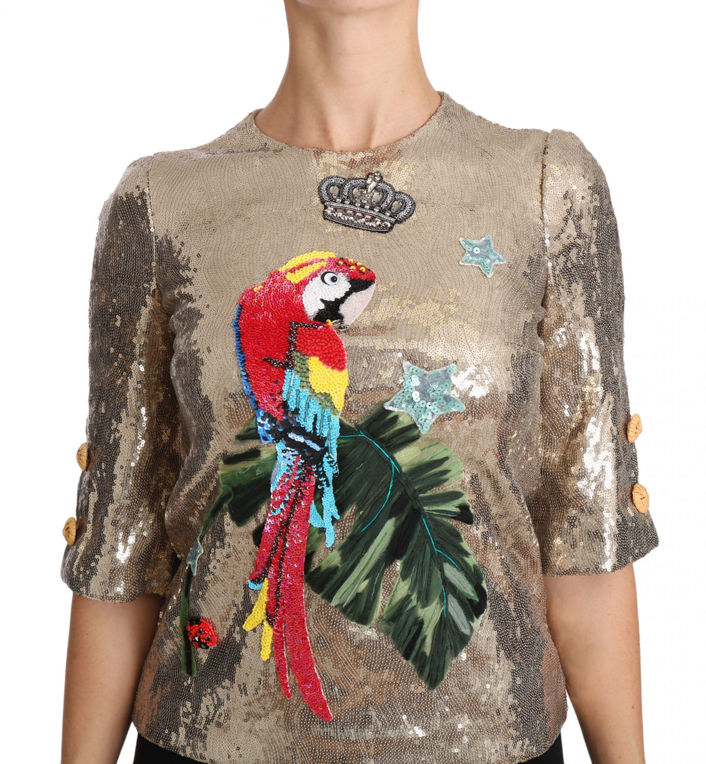 Dolce & Gabbana Gold Sequined Parrot Crystal Blouse - PreLoved & Luxe