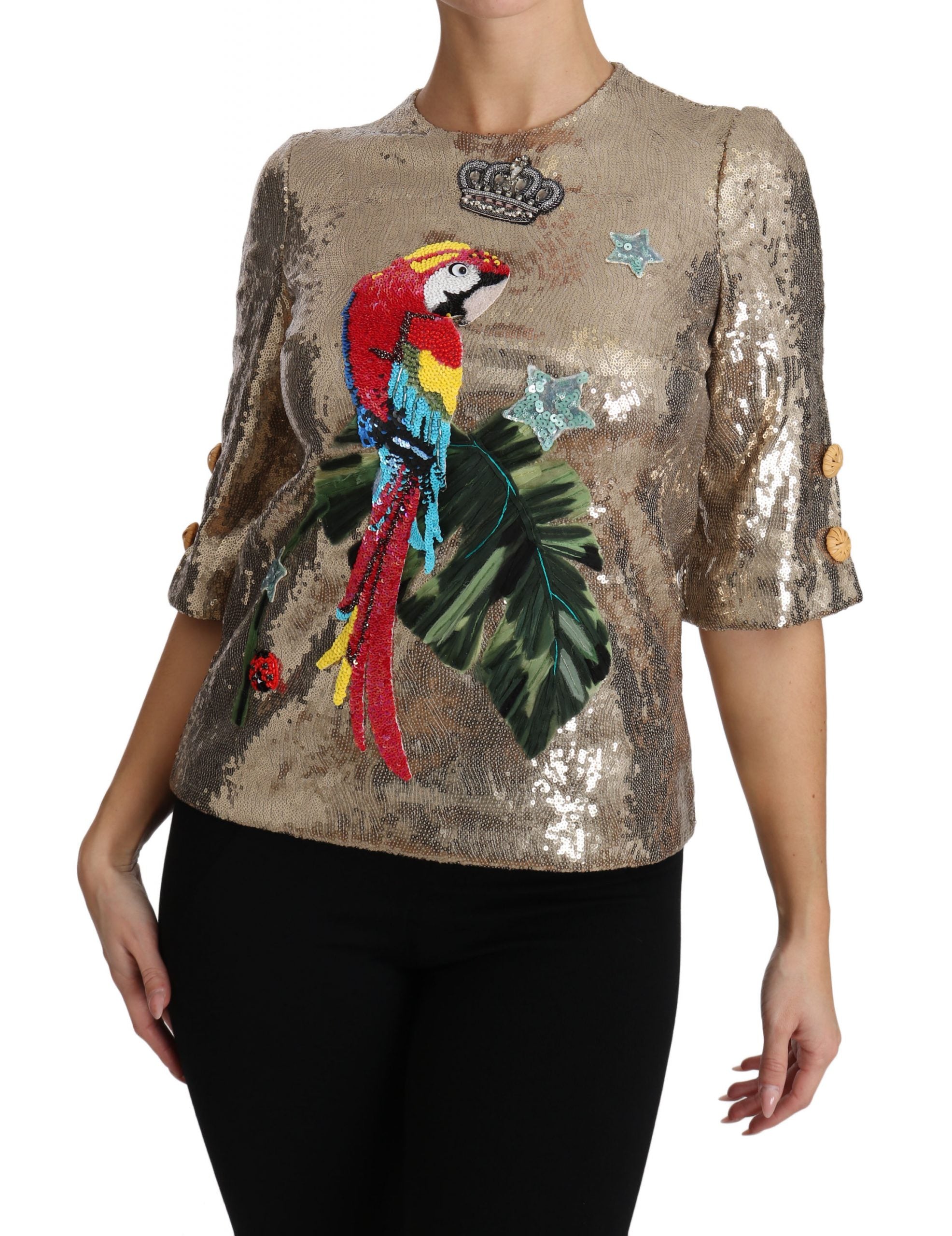 Dolce & Gabbana Gold Sequined Parrot Crystal Blouse - PreLoved & Luxe