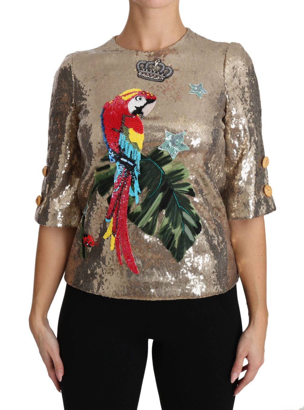 Dolce & Gabbana Gold Sequined Parrot Crystal Blouse - PreLoved & Luxe