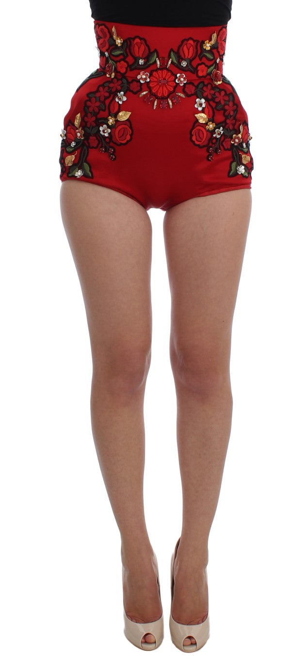 Dolce & Gabbana Red Silk Crystal Roses Shorts - PreLoved & Luxe
