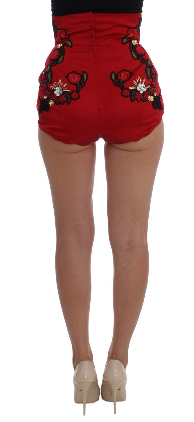 Dolce & Gabbana Red Silk Crystal Roses Shorts - PreLoved & Luxe