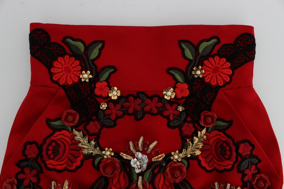 Dolce & Gabbana Red Silk Crystal Roses Shorts - PreLoved & Luxe
