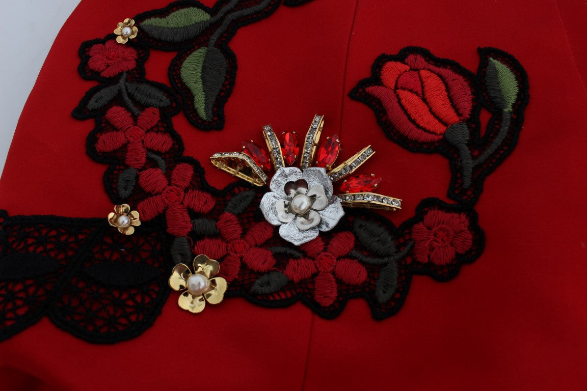 Dolce & Gabbana Red Silk Crystal Roses Shorts - PreLoved & Luxe