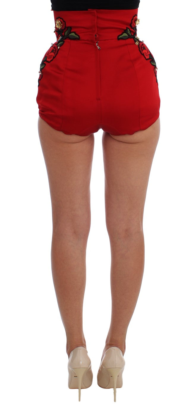 Dolce & Gabbana Red Silk Crystal Roses Shorts - PreLoved & Luxe