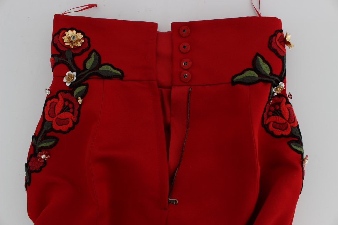 Dolce & Gabbana Red Silk Crystal Roses Shorts - PreLoved & Luxe