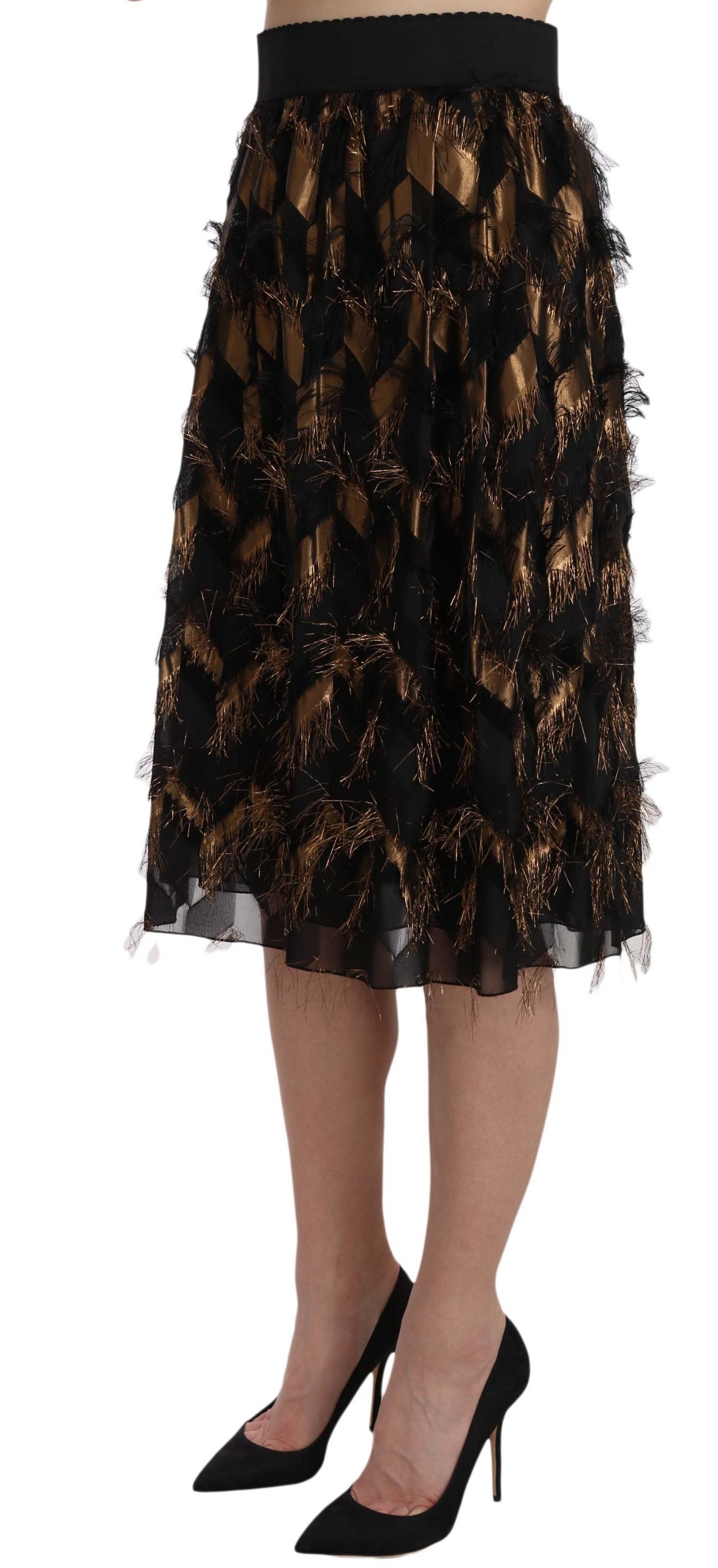 Dolce & Gabbana Black Gold Fringe Metallic Pencil A-line Skirt - PreLoved & Luxe