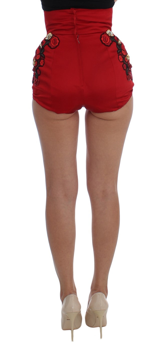 Dolce & Gabbana Red Silk Crystal Roses Shorts - PreLoved & Luxe