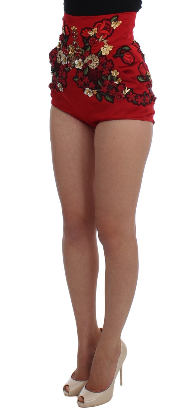 Dolce & Gabbana Red Silk Crystal Roses Shorts - PreLoved & Luxe
