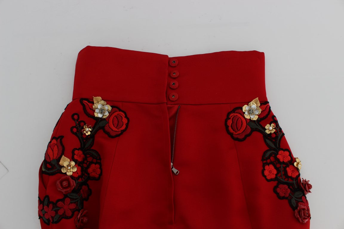 Dolce & Gabbana Red Silk Crystal Roses Shorts - PreLoved & Luxe