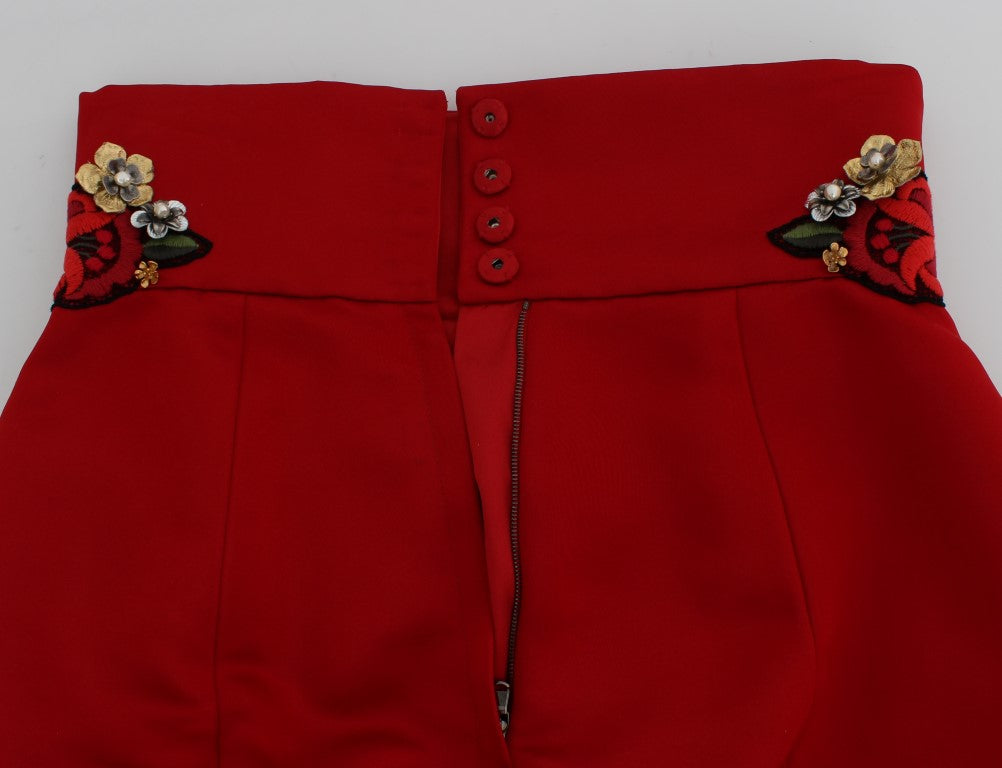 Dolce & Gabbana Red Silk Crystal Roses Shorts - PreLoved & Luxe