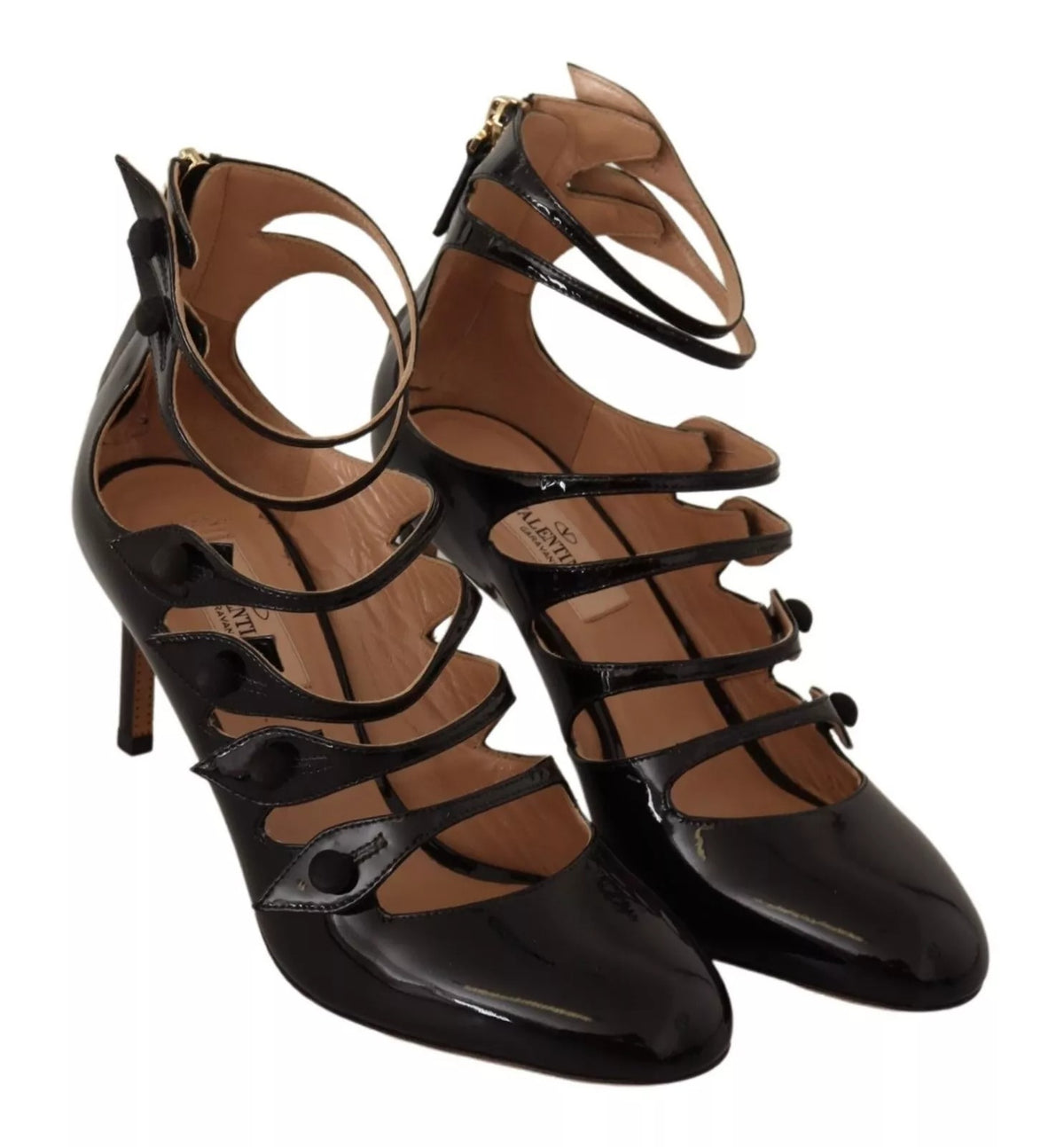 Red Valentino Black Multi Strap Leather Mid Heels Pumps Shoes