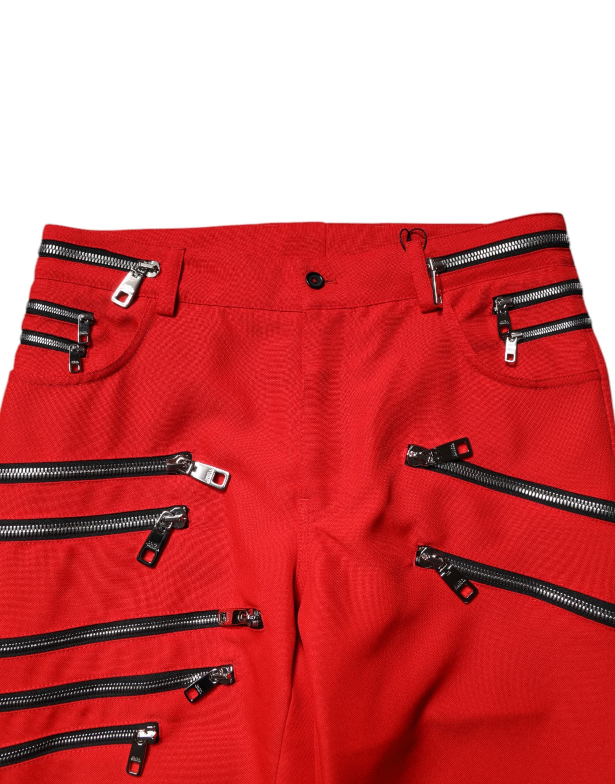 Dolce & Gabbana Red Zipper Embellished Straight Pants