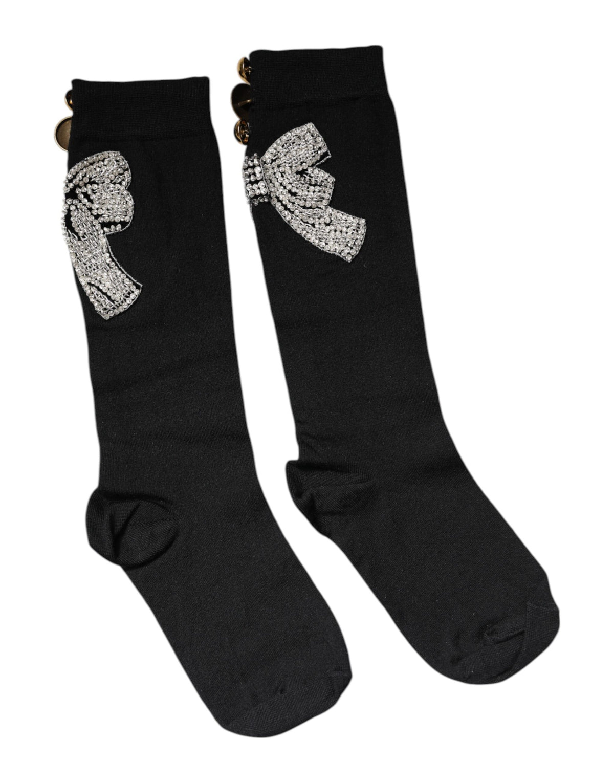 New Dolce & Gabbana Black Knit Floral Crystal Embellishment Socks