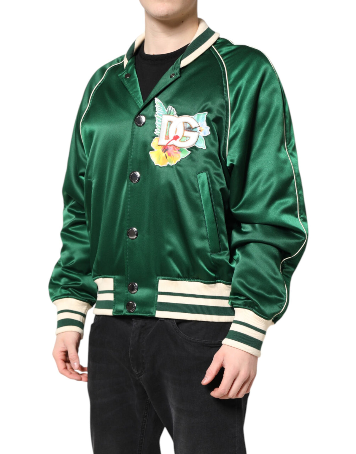 Dolce & Gabbana Green Floral DG Logo Full Zip Bomber Jacket
