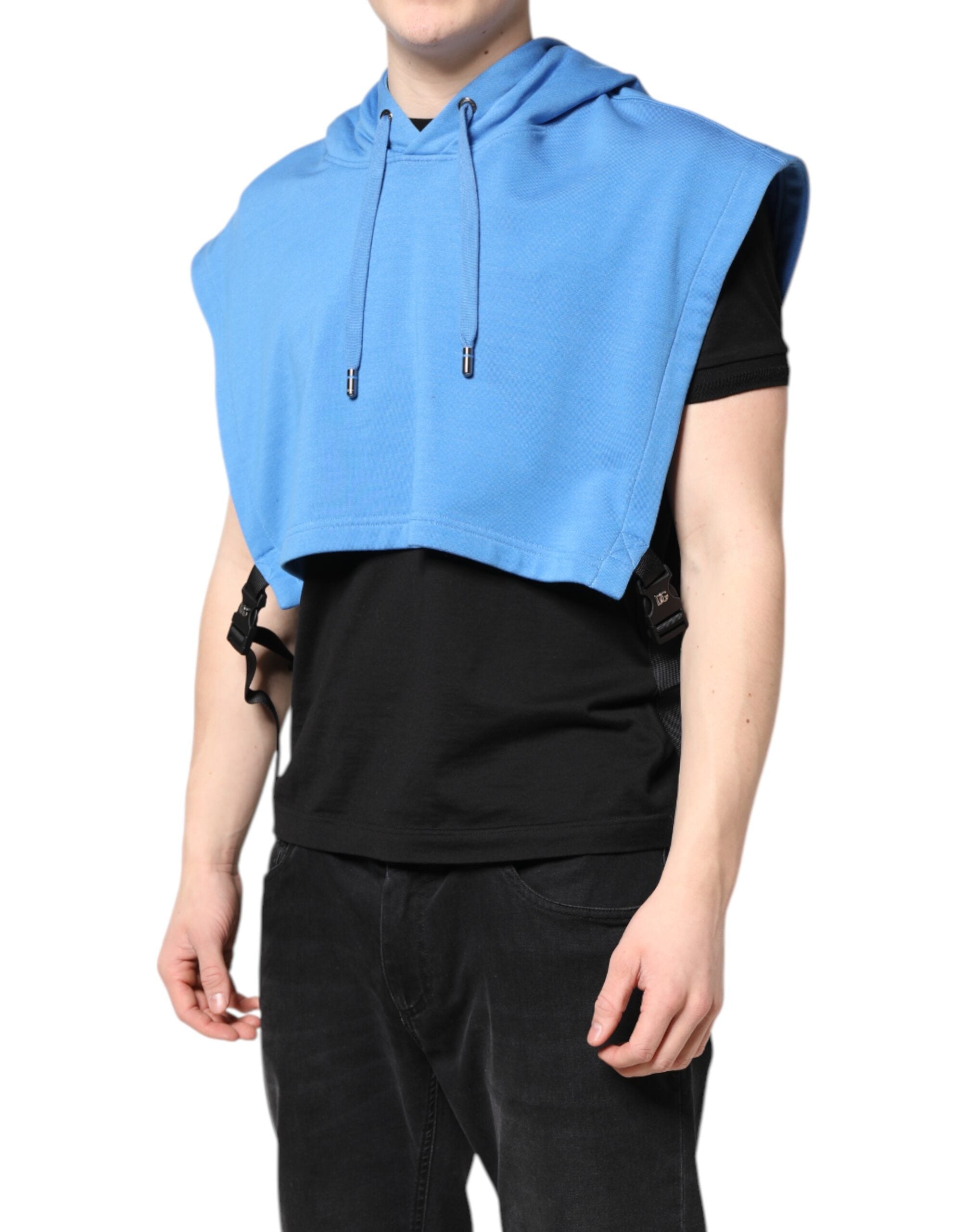 Dolce & Gabbana Blue Cotton Hooded Men Sportswear Vest Sweater