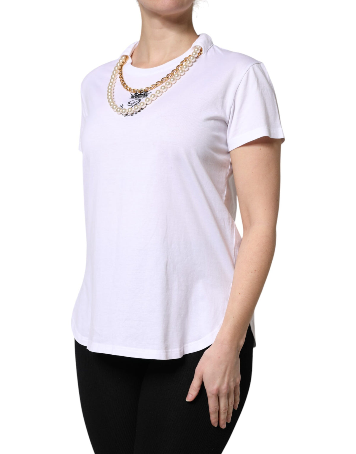 New Dolce & Gabbana White Chain Pearl Cotton Round Neck T-shirt
