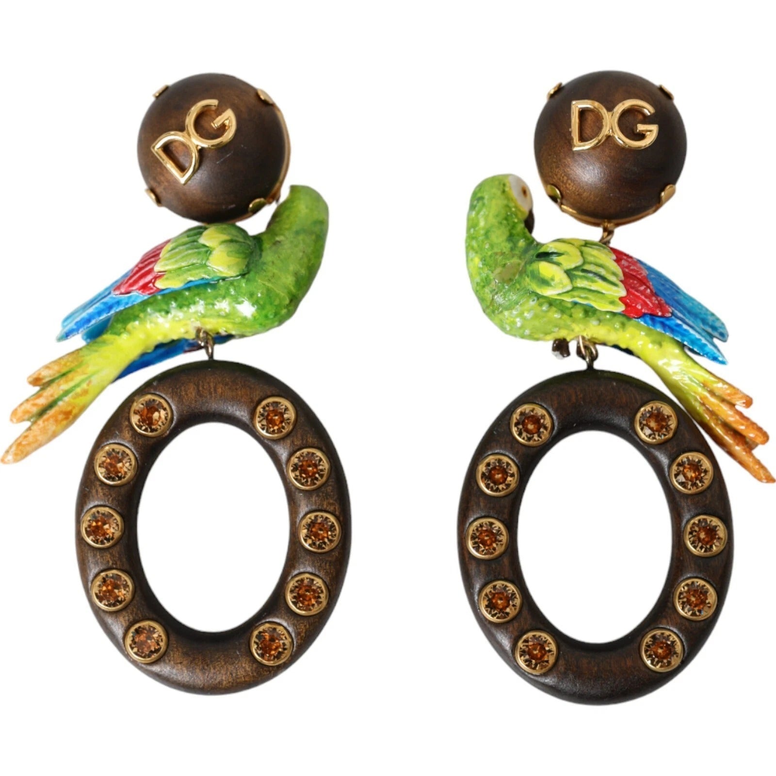 Pre-Owned Dolce & Gabbana Multicolor Parrot Wood Brass Crystal Embellished Earrings