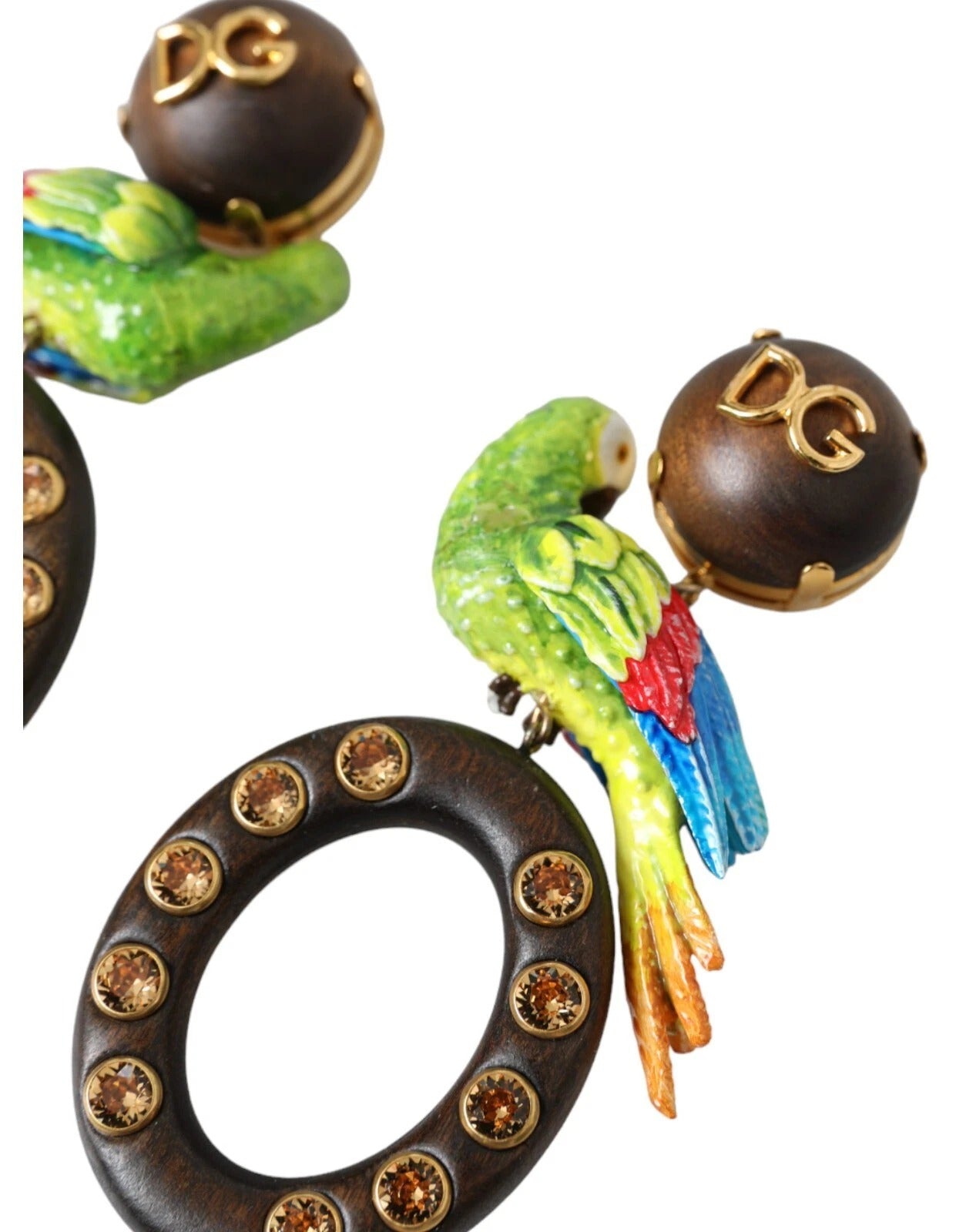 Pre-Owned Dolce & Gabbana Multicolor Parrot Wood Brass Crystal Embellished Earrings
