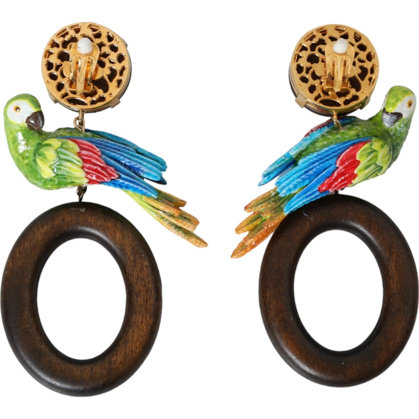 Pre-Owned Dolce & Gabbana Multicolor Parrot Wood Brass Crystal Embellished Earrings