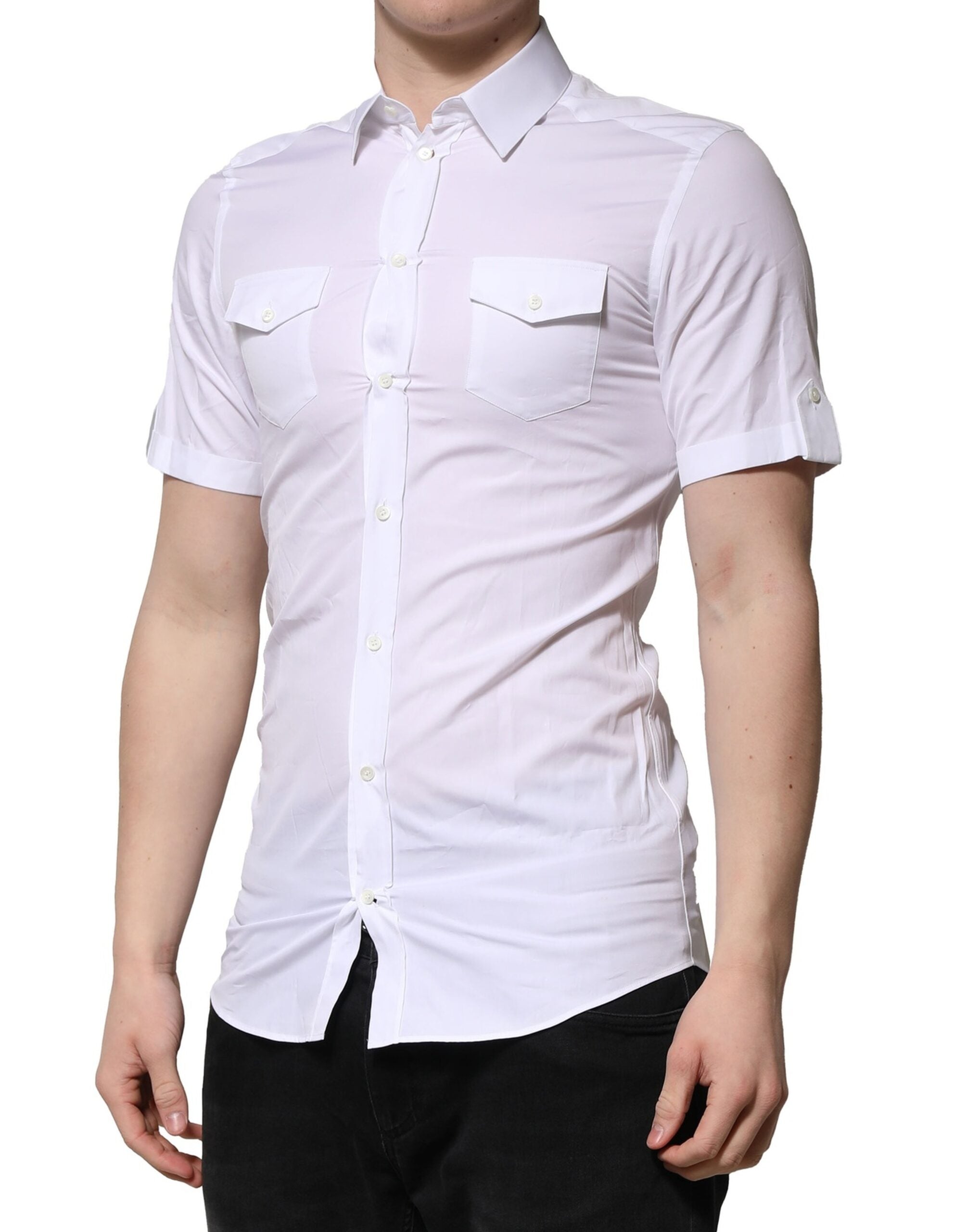 Dolce & Gabbana White Cotton Short Sleeves GOLD Casual Shirt