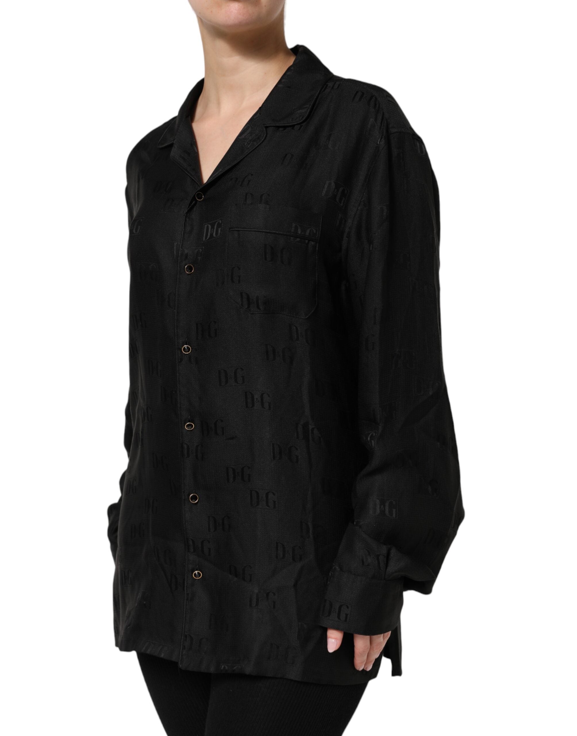 Dolce & Gabbana Black Silk DG Embroidery Long Sleeves Top
