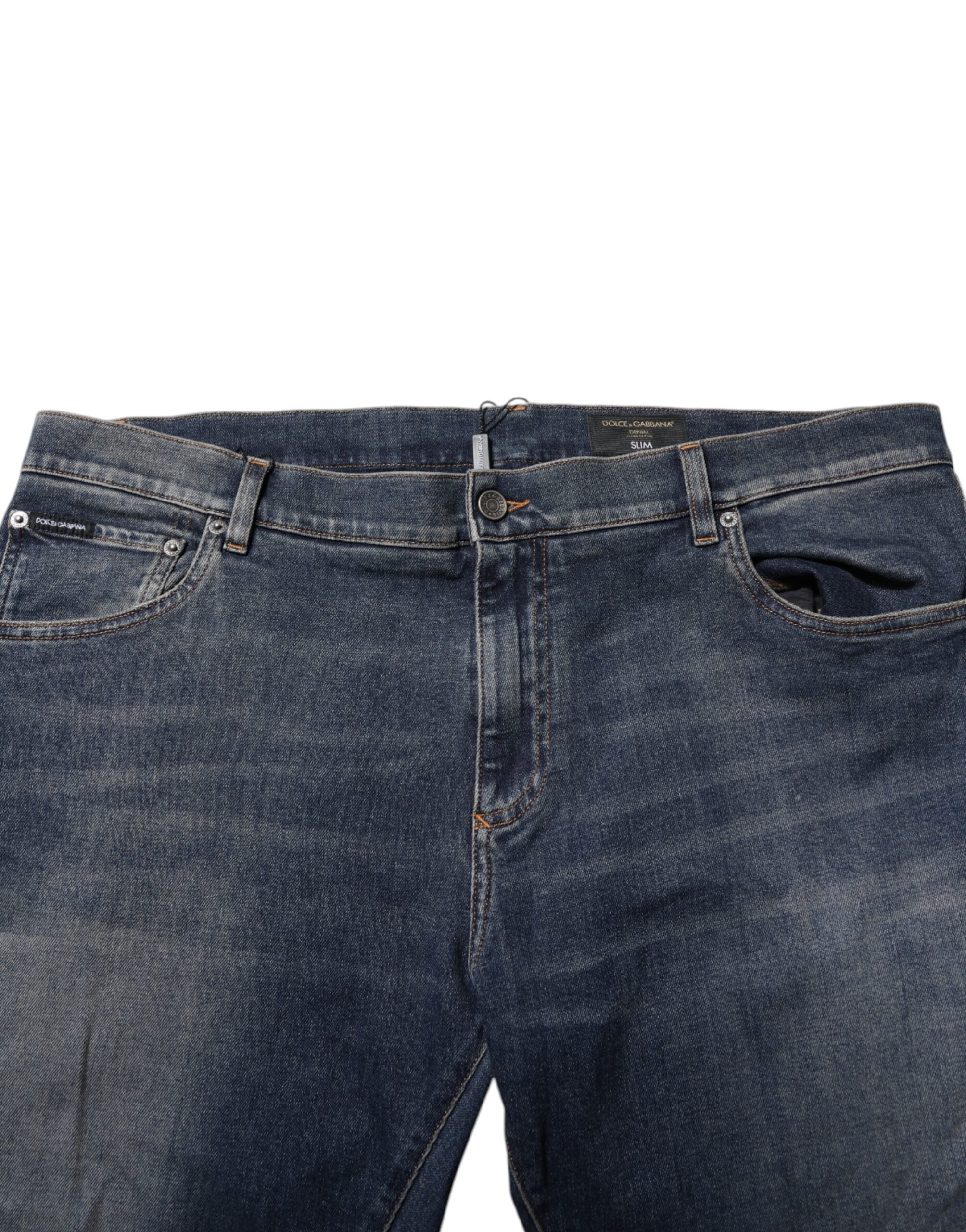 Dolce & Gabbana Blue Cotton Logo Plaque Slim Denim Jeans