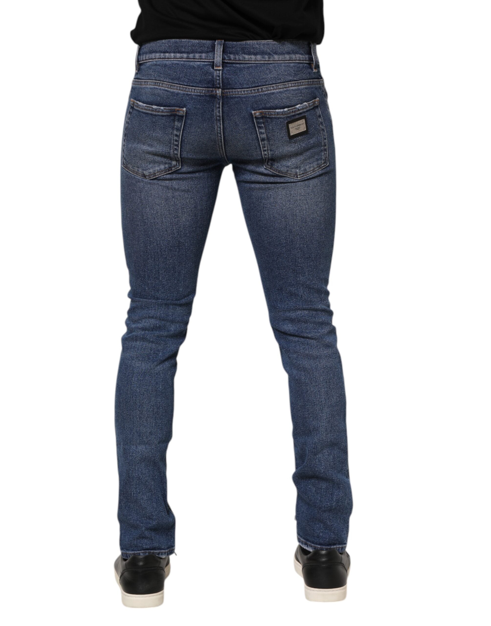 Dolce & Gabbana Blue Cotton Logo Plaque Skinny Men Denim Jeans